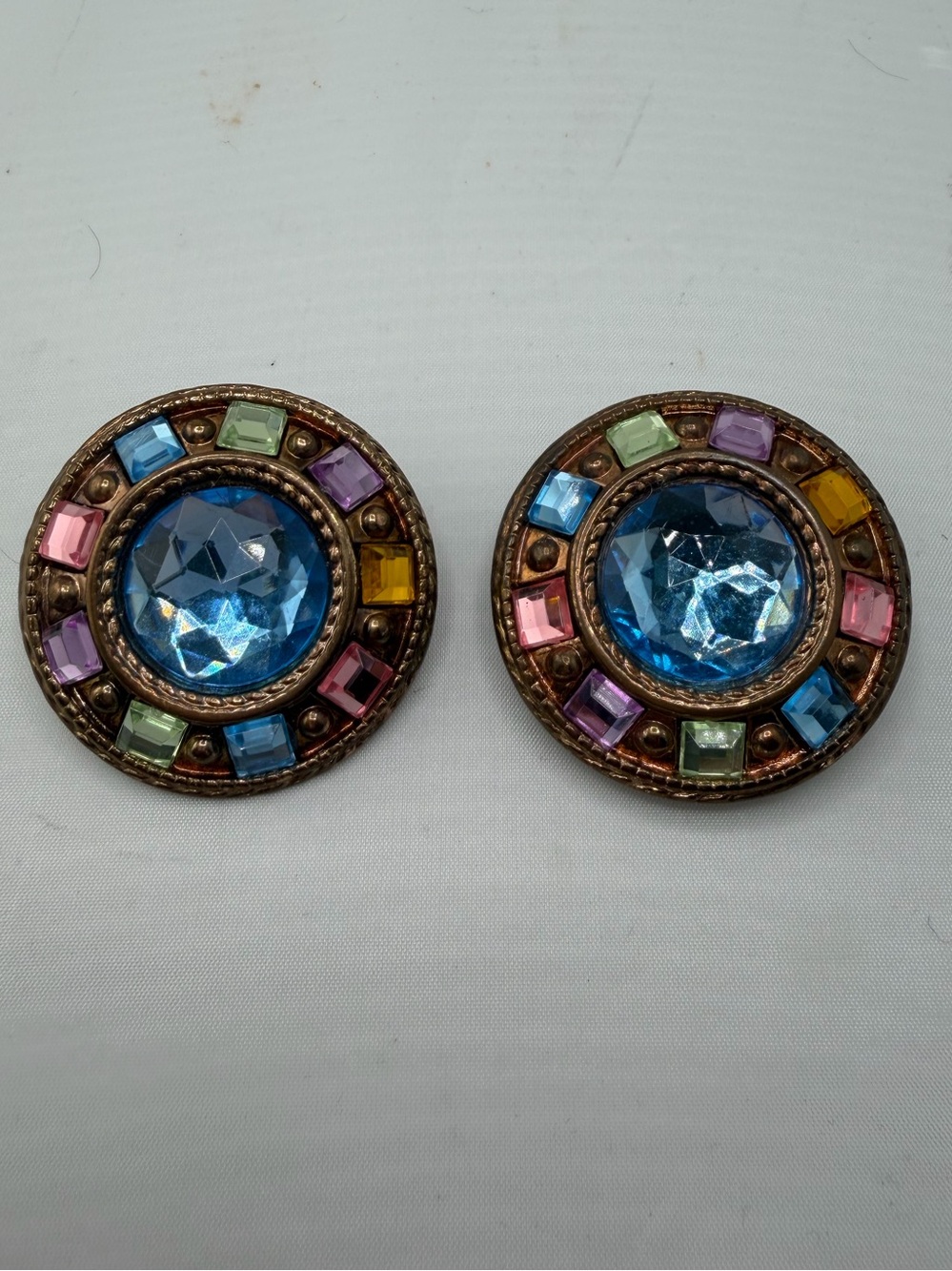 Vintage Faceted Rhinestone Clipβ On Earrings Multicolor Mosaic Statement